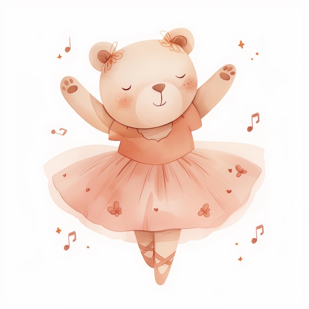 Photo a joyful bear in a tutu performs ballet in a dreamy setting surrounded by musical notes