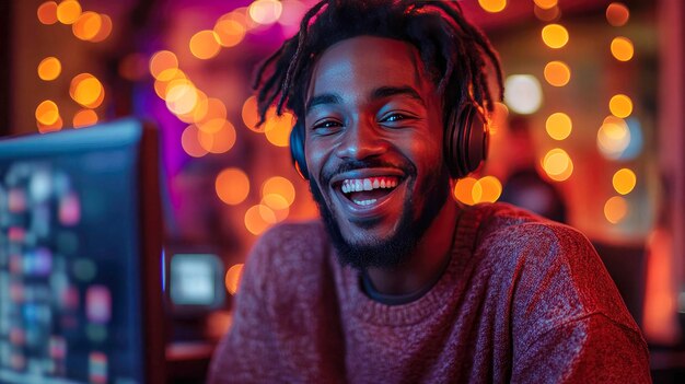 A joyful bearded man wearing glasses smiling widely in a lively bokehfilled background capturing