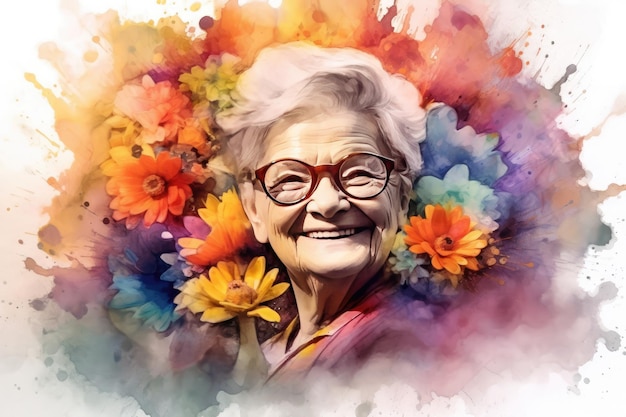 A joyful and beautiful old woman with glasses adorned with watercolor flowers in the style of color splashes Generative AI