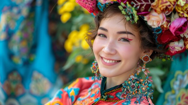 A joyful and beautiful young Kazakh woman dressed in traditional attire