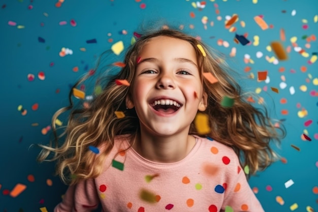 Joyful birthday girl bursts into laughter reveling in the delightful moment as confetti rains down