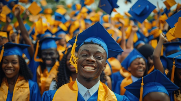 Joyful Black High School Graduates Celebrating Success in Caps and Gowns on White Background