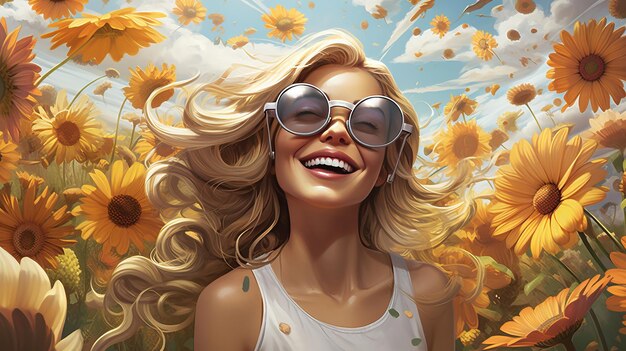 Joyful Blonde Woman in Stylish Sunglasses Radiant Smile Vibrant Flowered Backdrop