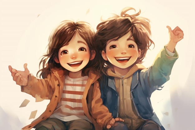 Joyful Bonds Illustration of Two Kids Laughing Together as Best Friends Generative AI