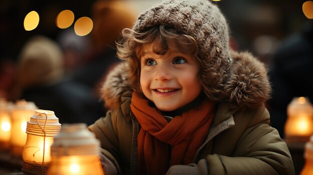 Joyful Boy at Christmas Market Children Admiring Ornaments Under Festive Lights