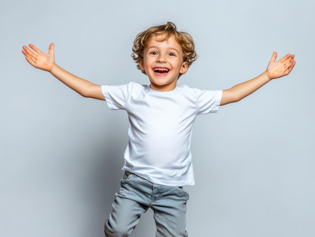 Photo joyful boy jumping in new white tshirt