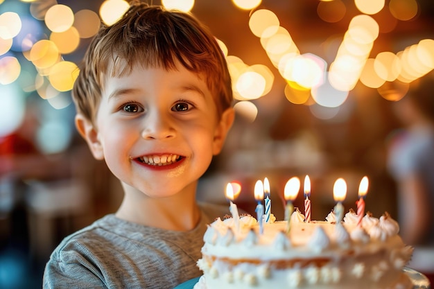 A joyful boy smiles with a birthday cake ablaze with lit candles