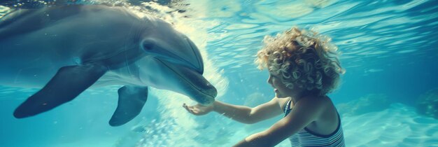 Joyful Boy with Curly Blonde Hair Interacting with Dolphin Underwater