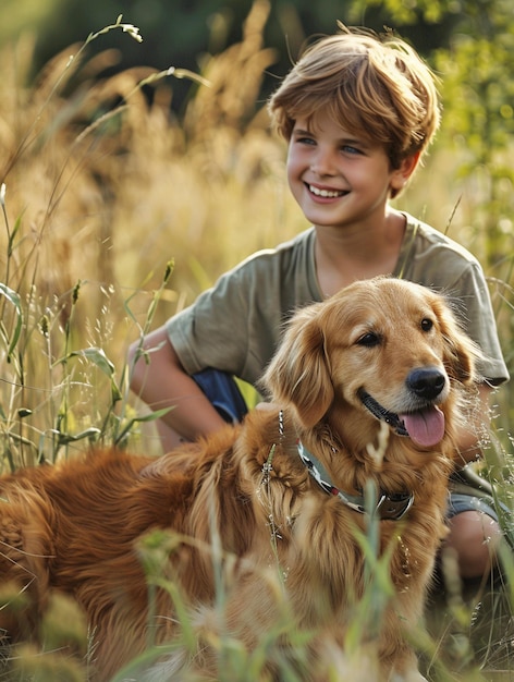 Joyful Boy with Golden Retriever in Sunlit Meadow Heartwarming Pet Bonding