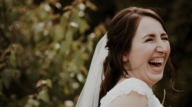 Photo joyful bride laughing in an outdoor setting wearing a white dress and veil surrounded by nature