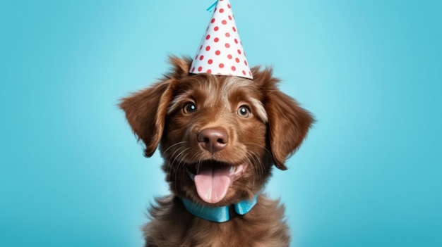 A joyful brown puppy with a polka dotted party hat and blue collar celebrates against a vibrant blue background