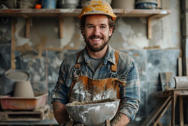 Photo joyful builder with construction mixer