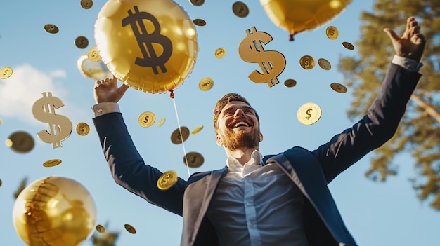 Joyful Businessman Celebrating Financial Abundance Surrounded by Dollar Sign Balloons and