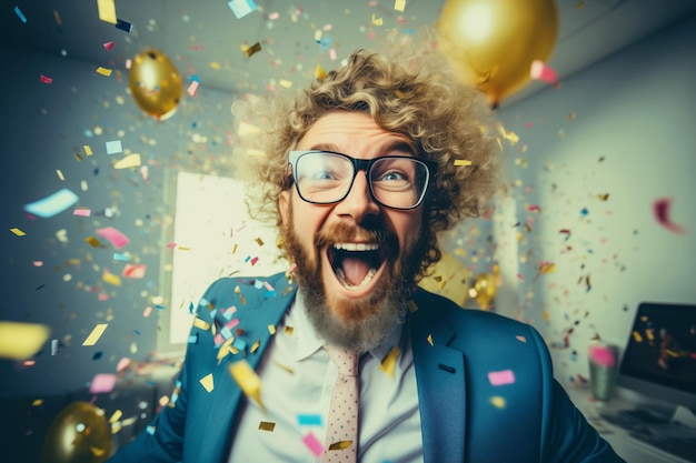 Photo joyful businessman celebrating man having a business party having fun in the office