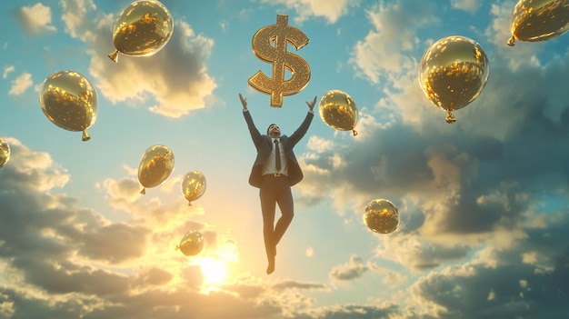 Joyful Businessman Floating with Golden Dollar Sign Balloons in a Uplifting 3D Concept Art