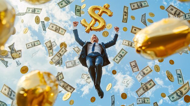 Joyful Businessman Flying with Gold Dollar Balloons Surrounded by Wealth Symbols in Chaos