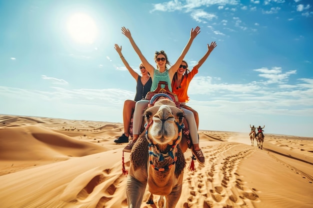 Photo joyful camel ride through desert dunes on a sunny day