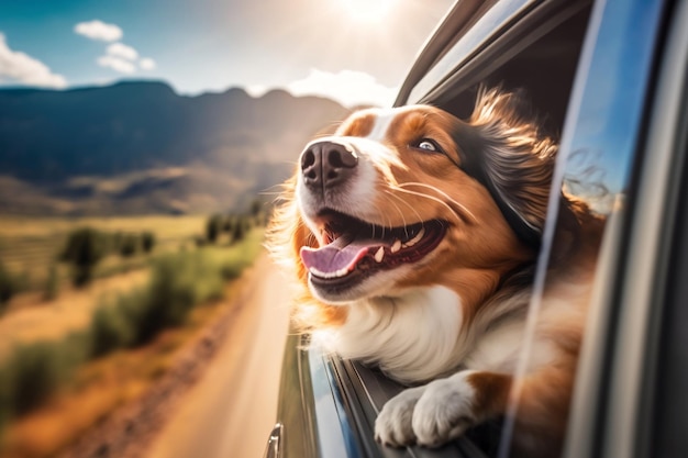 A Joyful Canine Enjoying Summer Vacation Travel on Car Window Generative AI