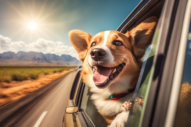 A Joyful Canine Enjoying Summer Vacation Travel on Car Window Generative AI