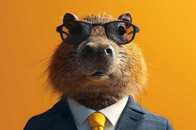 Joyful Capybara Businessman Wearing Suit and Sunglasses on Vibrant Background