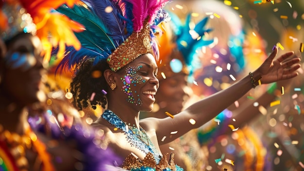 Joyful Carnival Parade with Performers in Colorful Feathers Confetti Filling the Air