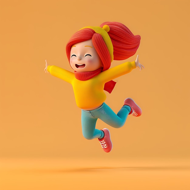 Joyful Cartoon Girl Jumping With Happiness on Orange Background