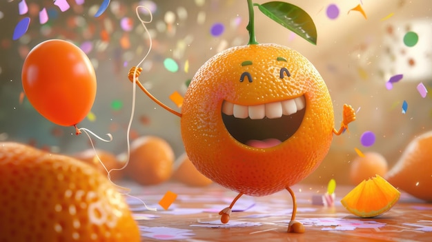 A joyful cartoon orange with a bright smile holding a small balloon and enjoying a party