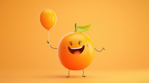 A joyful cartoon orange with a bright smile holding a small balloon and enjoying a party