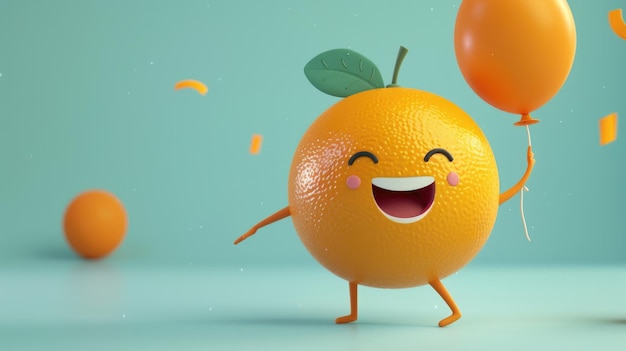 A joyful cartoon orange with a bright smile holding a small balloon and enjoying a party