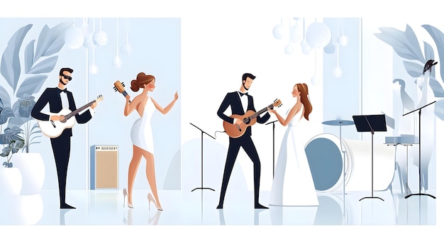 Photo joyful cartoon wedding reception with lively band performance and dancing guests