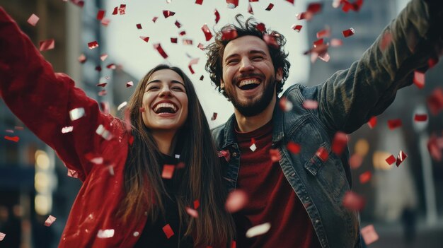 Joyful celebration in a city street as a couple enjoys confetti falling on them during an outdoor festive event in the evening