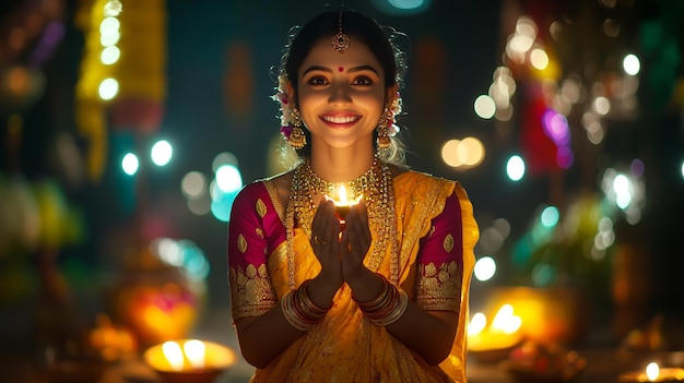 Photo a joyful celebration of diwali with a young woman in traditional attire surrounded by glowing lamps