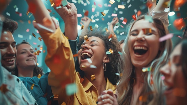 Joyful Celebration with Confetti Group of People Cheering Together