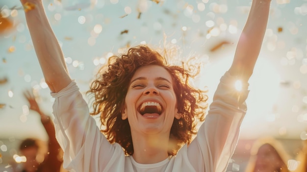 Joyful celebration woman rejoices in sunlit confetti shower with friends