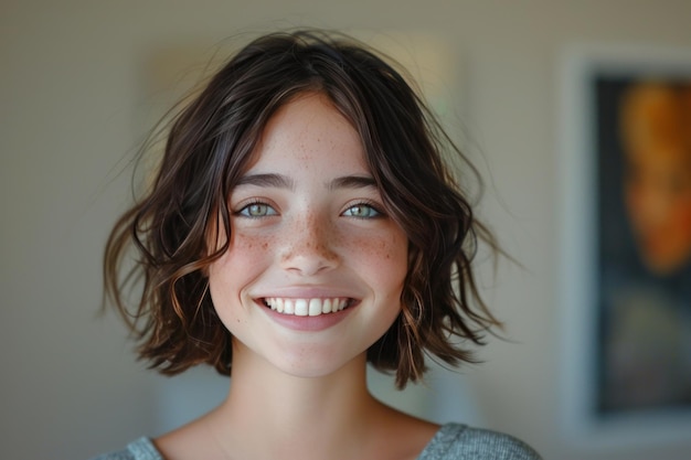 a joyful and charming teenage girl with a hairstyle beaming widely white teeth while