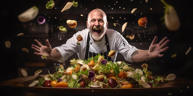 Joyful chef creating a burst of salad dynamic kitchen scene culinary art in action fresh ingredients perfect for food ads AI