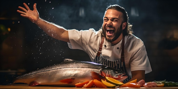 Joyful chef gesturing in a kitchen with fresh fish and vegetables culinary art in action captured with dramatic lighting AI