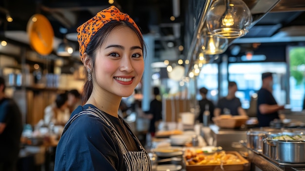 A joyful chef prepares delicious dishes in a lively dining atmosphere