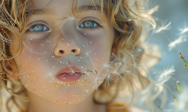 Joyful Child Blowing Dandelion Seeds transparent background PNG PSD