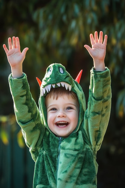 Photo a joyful child in a dinosaur costume celebrating with arms raised outdoors