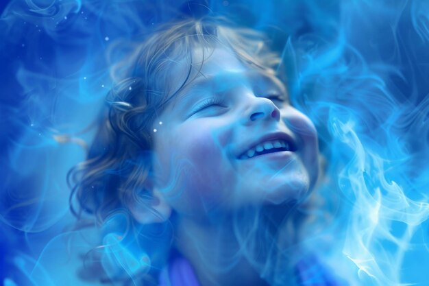 Joyful child in dreamy blue smoke