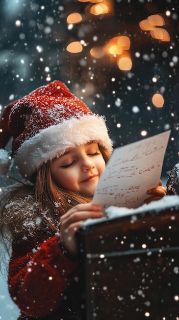 Photo joyful child dropping letter to santa in north pole mailbox