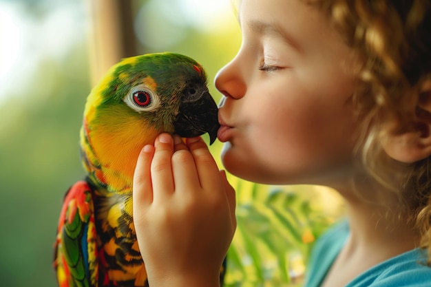 Joyful child expresses affection to their beloved pet parrot by gently blowing it a kiss