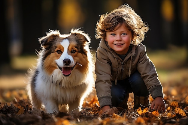 Photo joyful child and his loyal canine companion enjoying autumn splendor