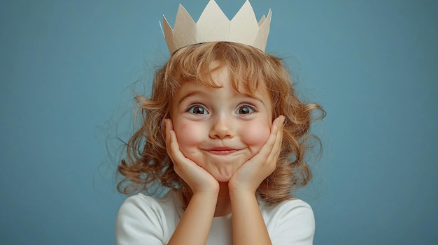 Joyful Child in a Paper Crown Making a Playful Face Exuding Royalty Whimsy with a Touch of Creative