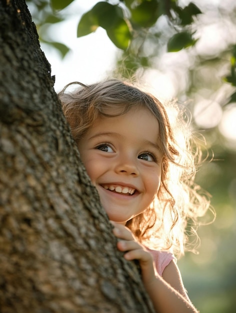 Joyful Child Playing PeekaBoo Behind Tree in Sunlight