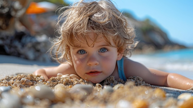 Joyful Child Playing in Sand with Shovel on Sunny Day Photography with Sony A7R IV