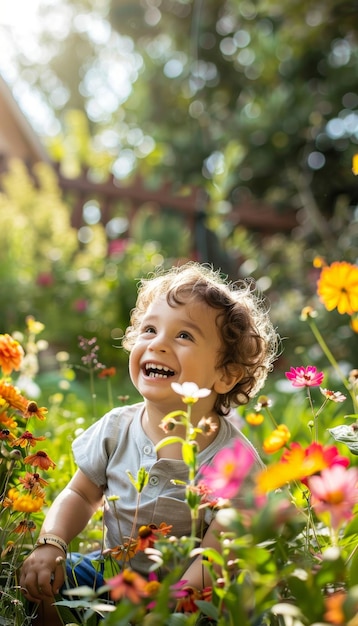 Joyful Child Playing in Vibrant Flower Garden Wearing Mosquito Repellent Bracelet