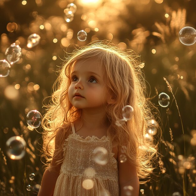 Photo joyful child playing with bubbles in sunlit park