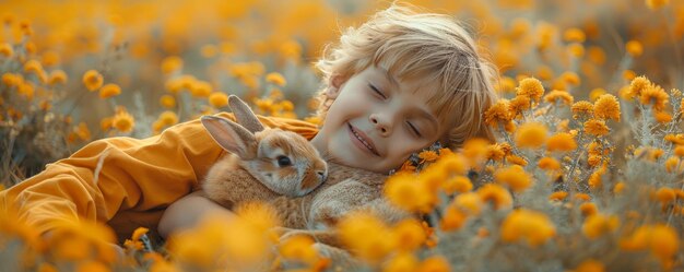 Joyful child playing with a pet rabbit innocence and happiness